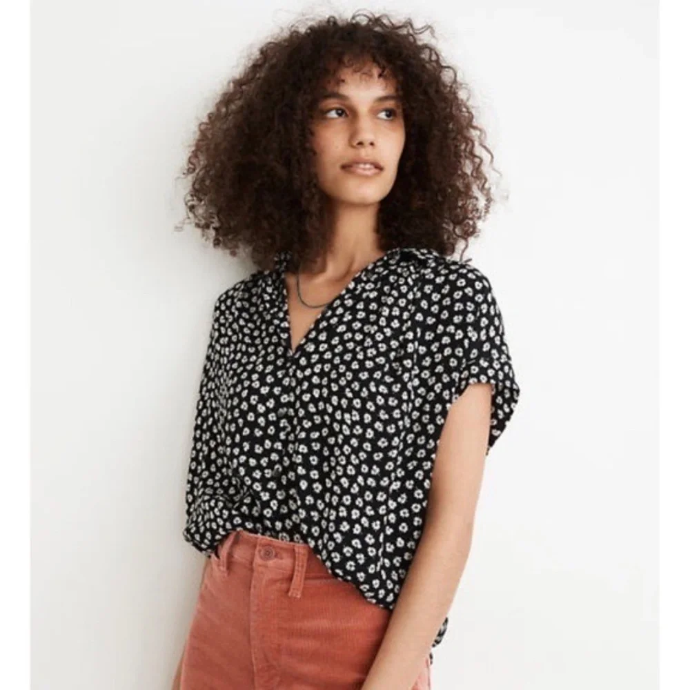 MADEWELL Central Drapey Floral Button Down Shirt Blouse Top Black Woodcut Daisy